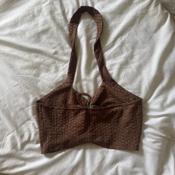Cider Cut-Out Halter Tank Top with Corset Front + Cross Neck Tie in Brown | S - Picture 2 of 9